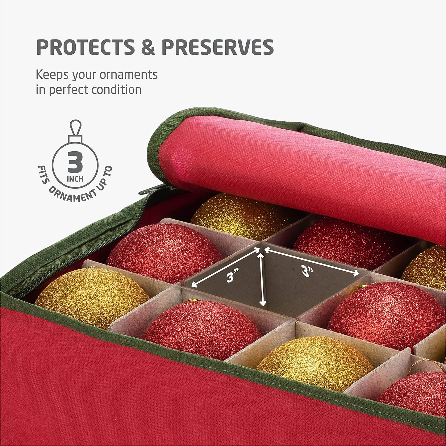 ZOBER Underbed Christmas Ornament Storage Box - Stores 120 3" Ornaments, With Dividers - Tear Proof 600D Oxford Fabric, Ornament Organizer Storage Box, Durable Christmas Containers Holder - Red