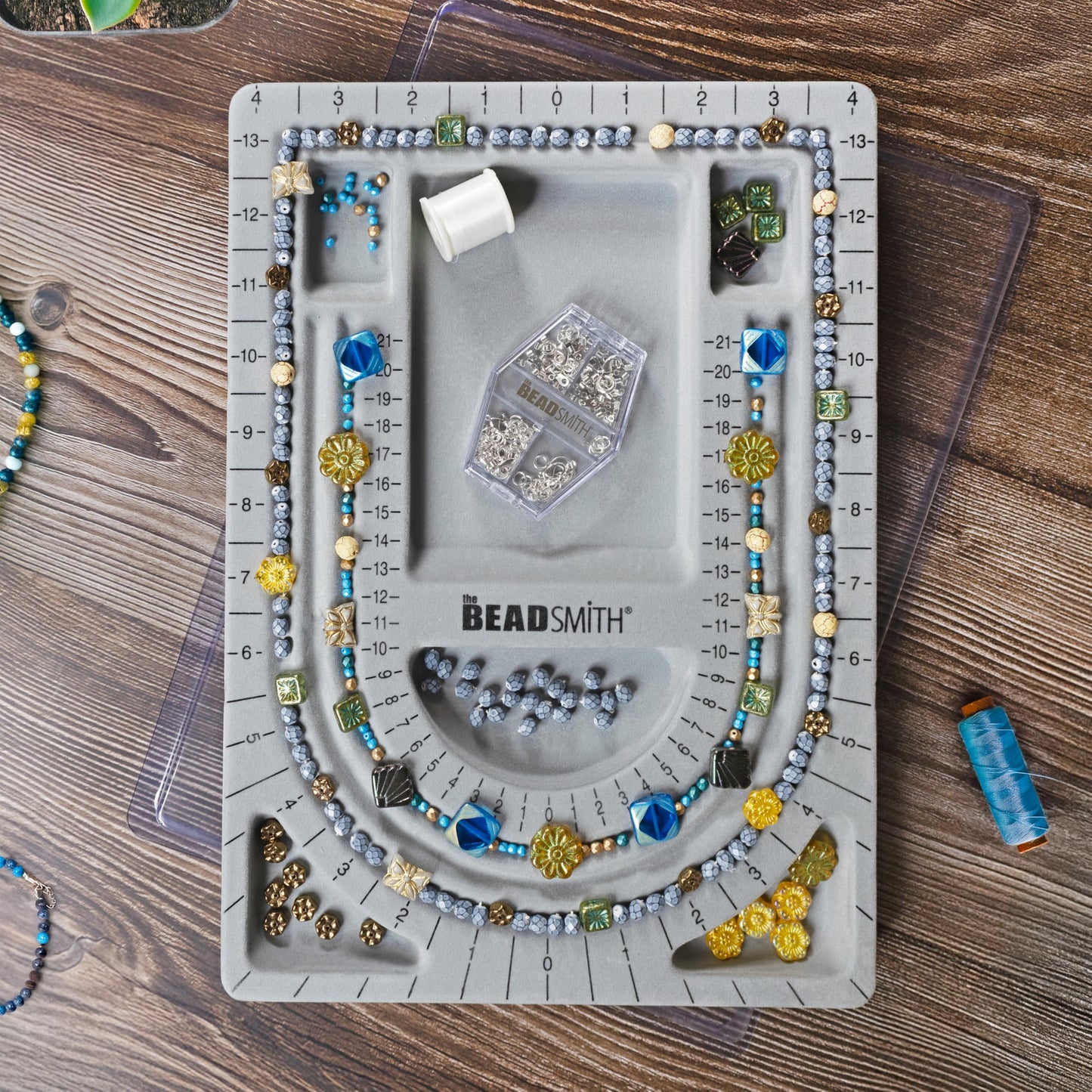 The Beadsmith Bead Board with Cover, Grey Flocked, 3 U-Shaped Channels, 6 Recessed Compartments,13.25H x 9.75L inches, Design Boards for Creating Bracelets, Necklaces and Other Jewelry