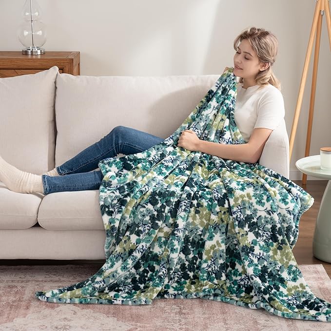 Berkshire Blanket-Classic Heavyweight Soft Printed VelvetLoft® Plush Throw Blanket, Cozy and Fuzzy, Floral Green, 50in x 70in