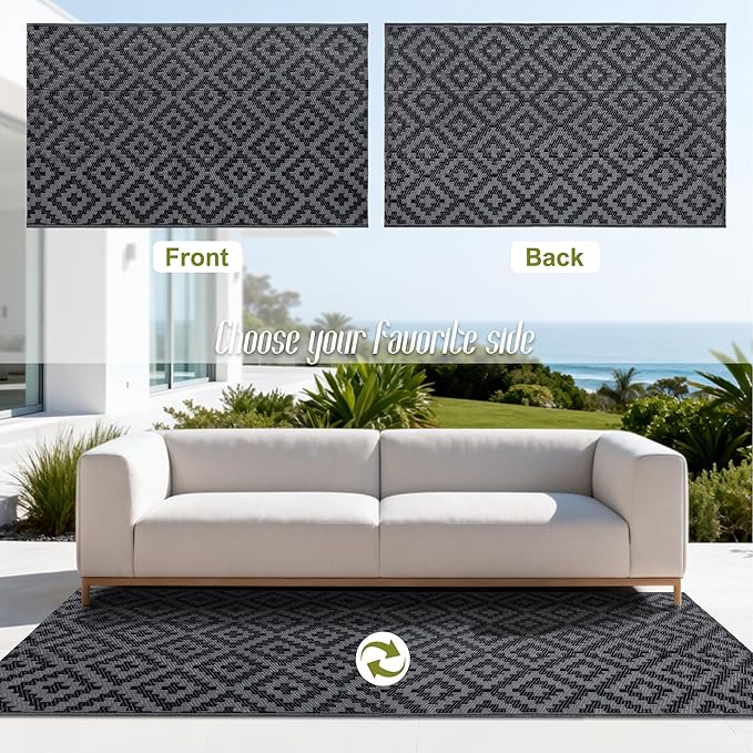 SAND MINE Waterproof Outdoor Rug 8x8 ft, Plastic Reversible Rug, Modern Area Rug, Large Floor Mat for Outdoors, RV, Patio, Backyard, Deck, Picnic, Beach, Camping (3' x 5', Black Grey Lattice)