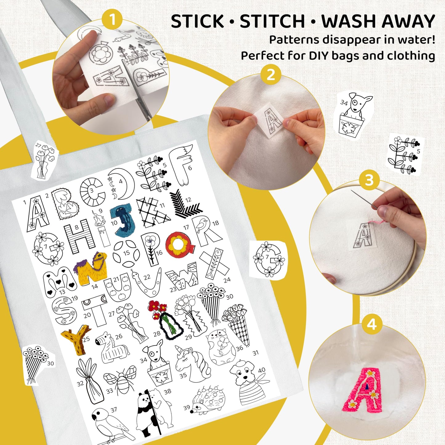 Complete Embroidery Kit for Beginners & Adults with Printed Water-Soluble Patterns, Threads, Fabric, Tools & Video Tutorials, Easy DIY Craft Kit for Learning Stitches, Accessories & Handmade Gifts