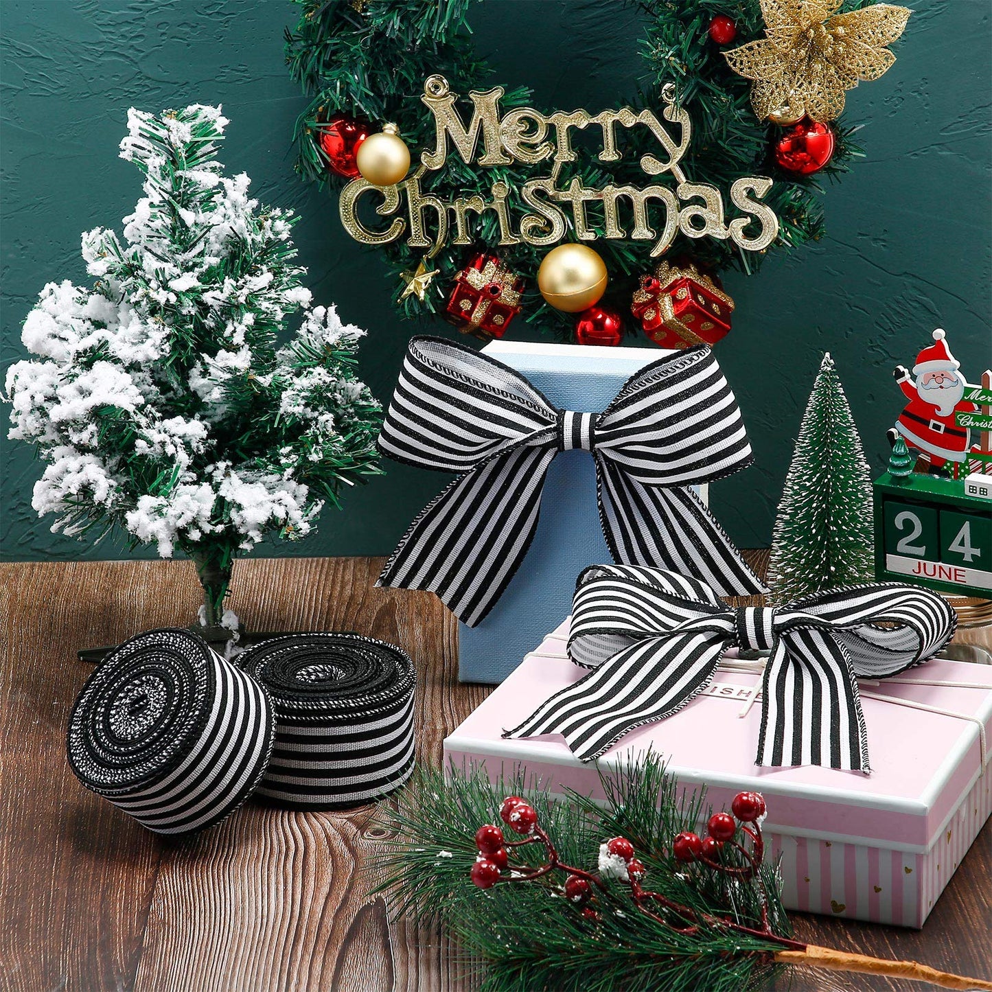 3 Rolls 30 Yard x 2 Inch Striped Ribbon Fabric Grosgrain Ribbon Craft Wrapping Striped Ribbons Christmas Wired Edge Ribbons for Christmas Wrapping Embellishments(Black and White Stripe)