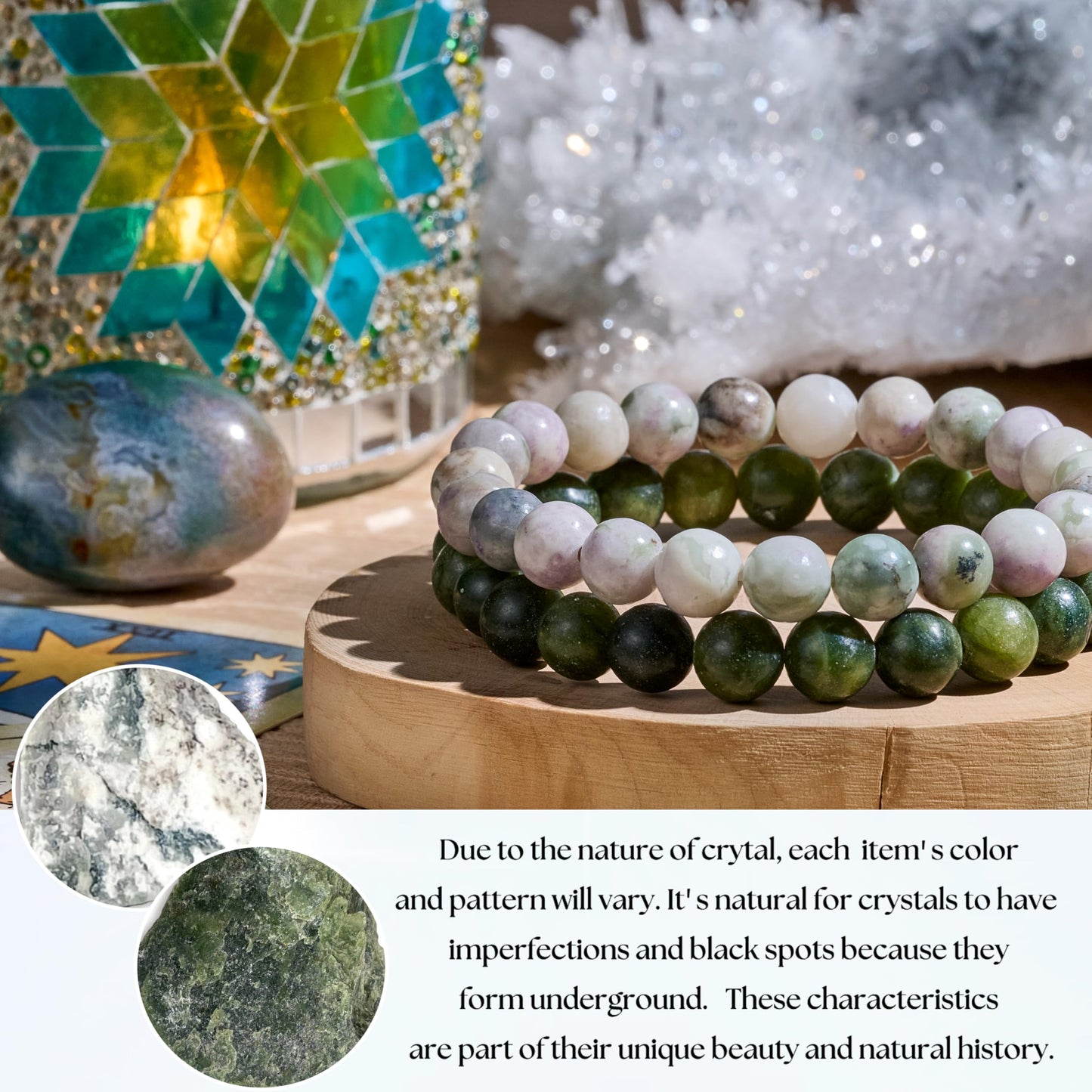 Bivei Natural Gemstone Semi Precious Healing Crystals Handmade Stretchy Round Beads Bracelet, Enhance Positive Energy,Stocking Stuffers for Women(Taiwan Jade & Peace Jade (Growth & Balance)(Large))