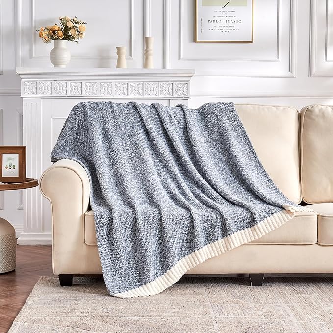 CozeCube Melange Blanket, Ultra Soft Blue and White Throw Blanket, Warm Cozy Knit Fuzzy Plush Reversible Throw for Couch Bed Sofa, 50"x60"