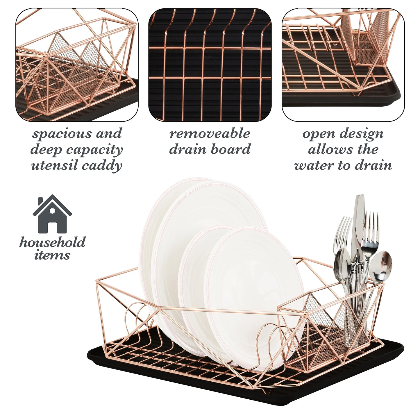 Kitchen Details Geode Deluxe Dish Drying Rack with Drain Board | Cutlery Basket | Utensil Holder | Iron Frame | Copper