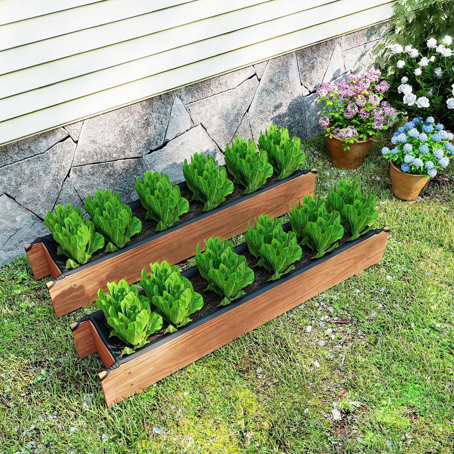 Giantex Wood Raised Garden Bed, Rectangular Planter Box w/Drainage Hole, Removable Liner for Growing Vegetable Flower Herb, Indoor Outdoor Plant Container for Backyard Deck Balcony, 36"x7"x7"