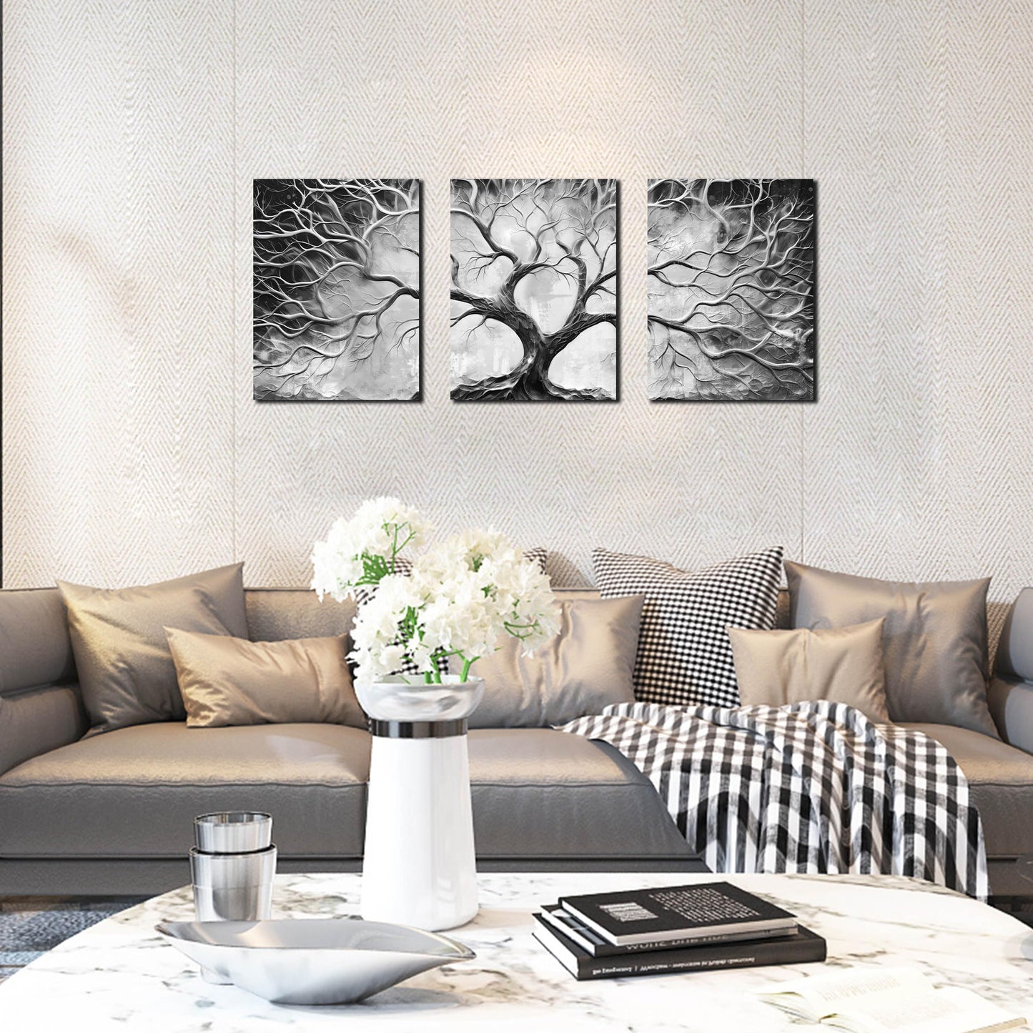 Tree Wall Art for Living Room - Modern Black and White Pictures Wall Art for Bedroom - 3 Piece Wall Decor for Office Size 12" x 16"