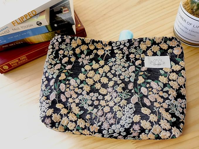 HAPPYHEIDI Women Aesthetic Travel Makeup Bag Accessory Zipper Pouch for Cosmetics, Purse Organizer, Embroidery Lucky Flowers Black