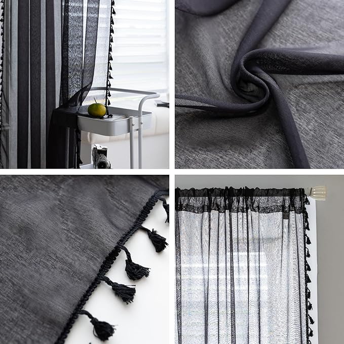 Black Sheer Curtains 102 inch Long, Fringed Edges and Textured Semi Sheer Curtains Large Window Treatments for Living Room/Bedroom, 2 Panels
