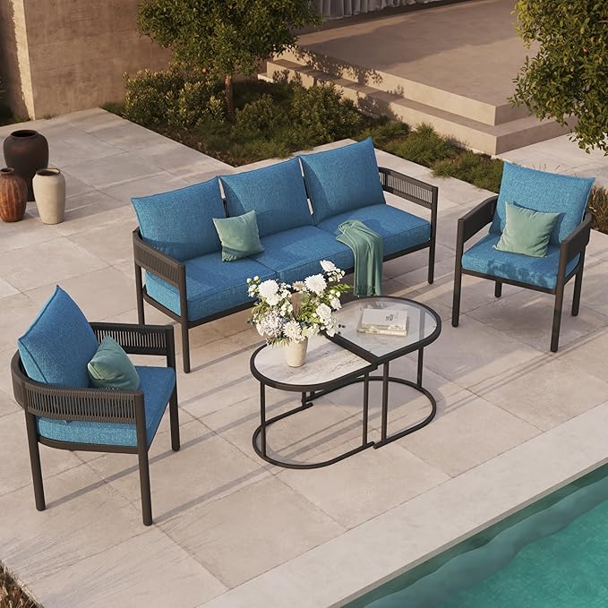 Grand patio 5-Piece Outdoor Furniture Set with 3-Seat Couch, Thick Cushions and Nesting Coffee Tables, Wicker Sofa Conversation Set for Backyard, Peacock Blue