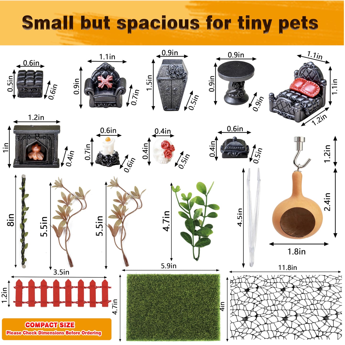 ZUIFIANLE 19PCS Jumping Spider Enclosure Kit, Acrylic Goth Coffin Terrarium with Magnetic Lock & Feeding Hole, DIY Decor Set for Tarantula Mantis Insect Habitat, Black Base