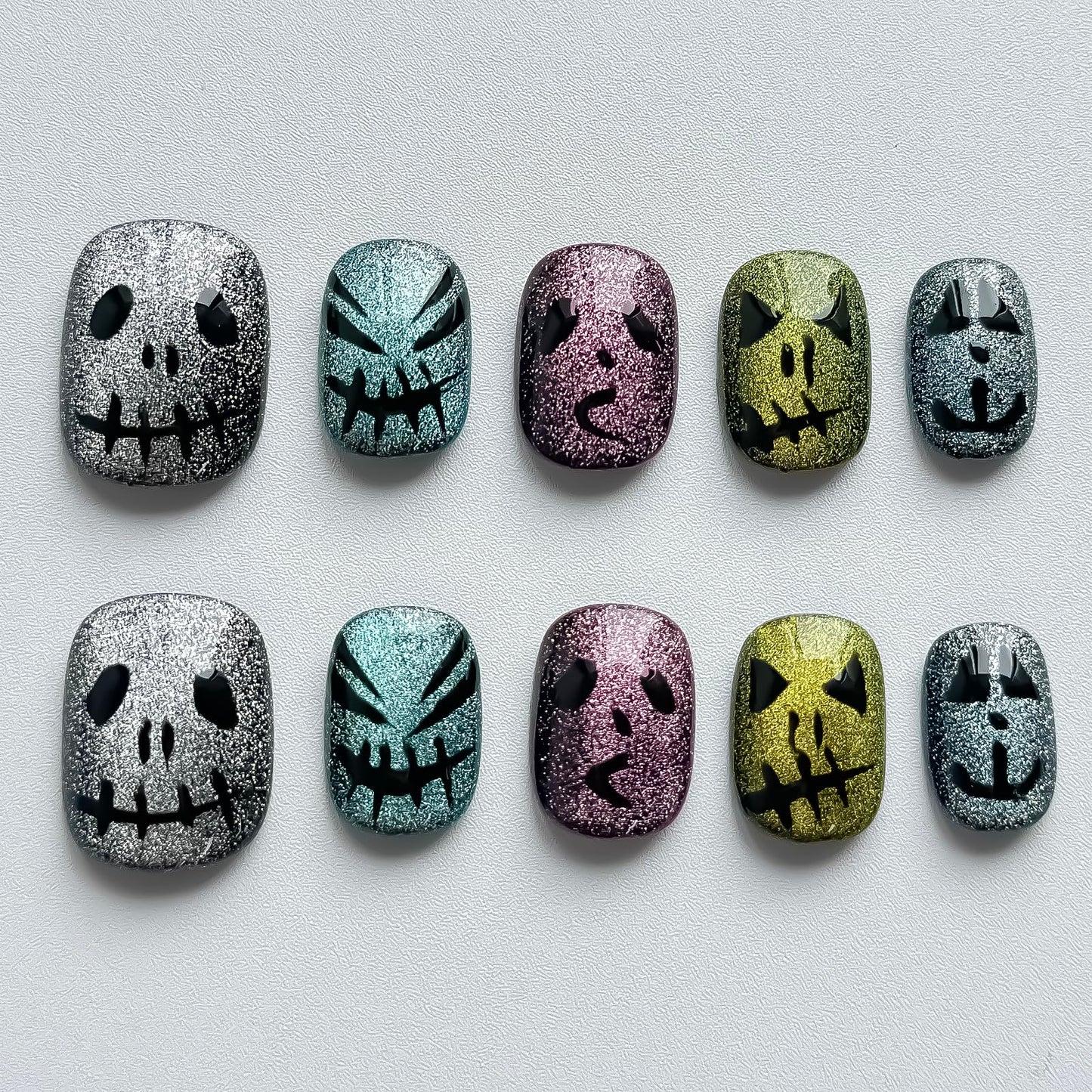 Halloween Press on Nails Short Square Handmade Nails 3D Unique Reusable ABS Material Fake Nails Cute False Nails with Designs Glitter Sparkly Glossy Glue on Nail Thick Acrylic Nail(M)