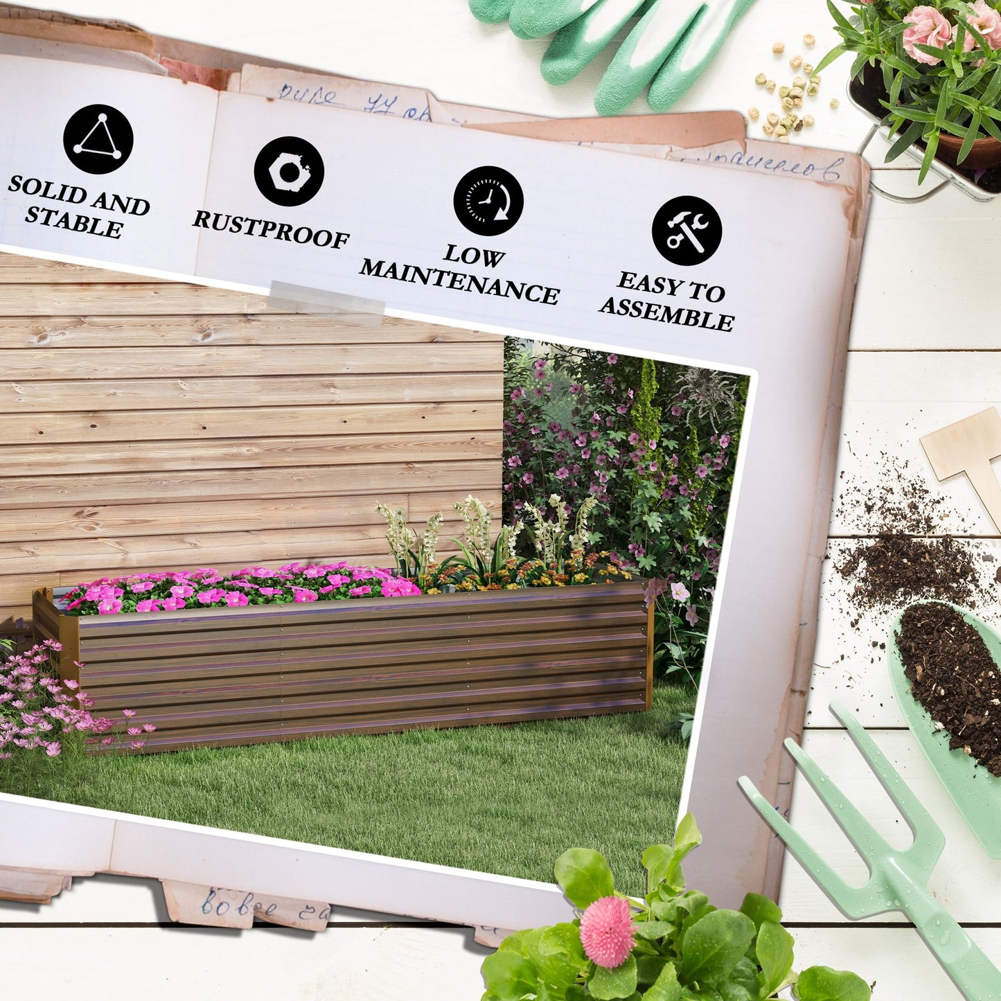 Amacv 8x2x2ft Galvanized Raised Garden Bed Kit, Outdoor Metal Elevated Planter Box with Safety Edging, Large Raised Bed for Growing Flowers, Herbs and Vegetables, Brown