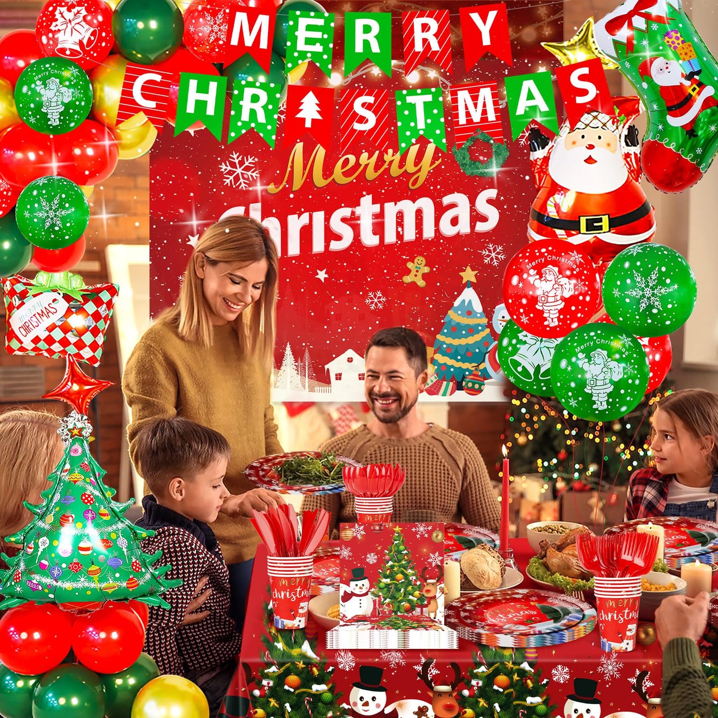 Christmas Party Decorations Xmas Party Supplies Serves for 25-Balloon, Banner, tablecloth, Backdrop, Disposable Paper Plate, Cup, Napkins, Knife, Fork, Spoon