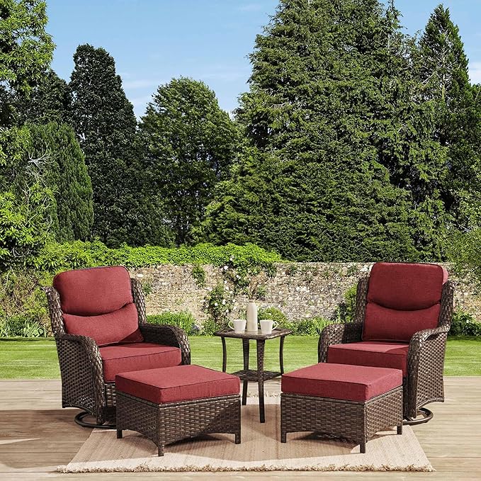 HILLGA Luxury Outdoor Swivel Rocker Patio Chairs of 2 with 6 Inch Thick Cushions and Side Table, Swivel Outdoor Chairs 5PCS High Back Wicker Patio Furniture Set for Porch, Balcony, Deck in Burgundy