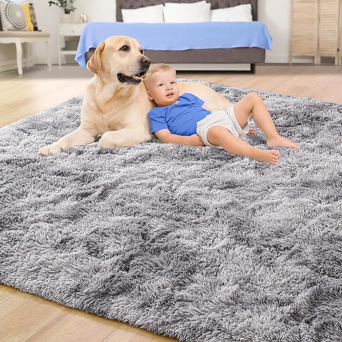 Tepook Area Rugs 10x14 for Living Room, Super Soft Fluffy Rugs for Bedroom, Modern Shaggy Rug Fuzzy Carpets for Kids, Plush Indoor Nursery Home Decor Rug with Non-Slip Bottom, Tie-Dyed Light Grey