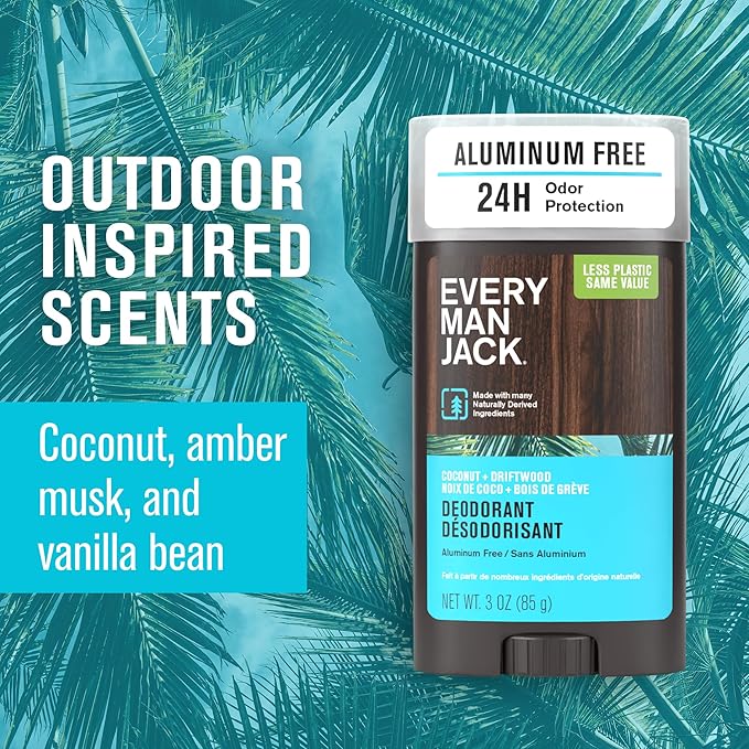 Every Man Jack Coconut Driftwood Men’s Deodorant - Stay Fresh with Aluminum Free Deodorant For all Skin Types - Odor Crushing, Long Lasting, with Naturally Derived Ingredients - 3oz (2 Pack)