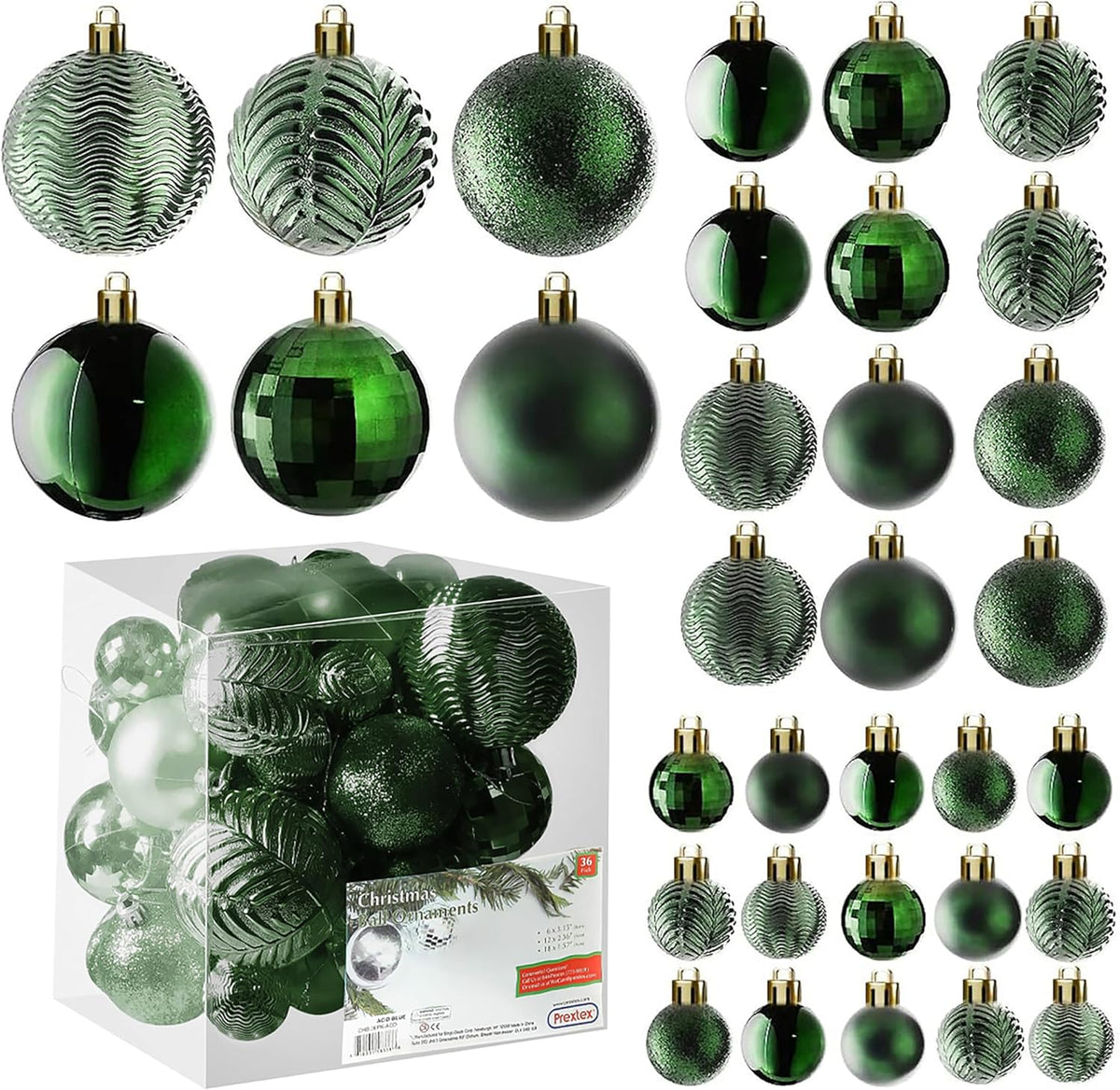 Prextex Christmas Tree Ornaments - Emerald Green Christmas Ball Ornaments Set for Christmas, Holiday, Wreath & Party Decorations (36 pcs - Small, Medium, Large) Shatterproof, 3 Size Combo