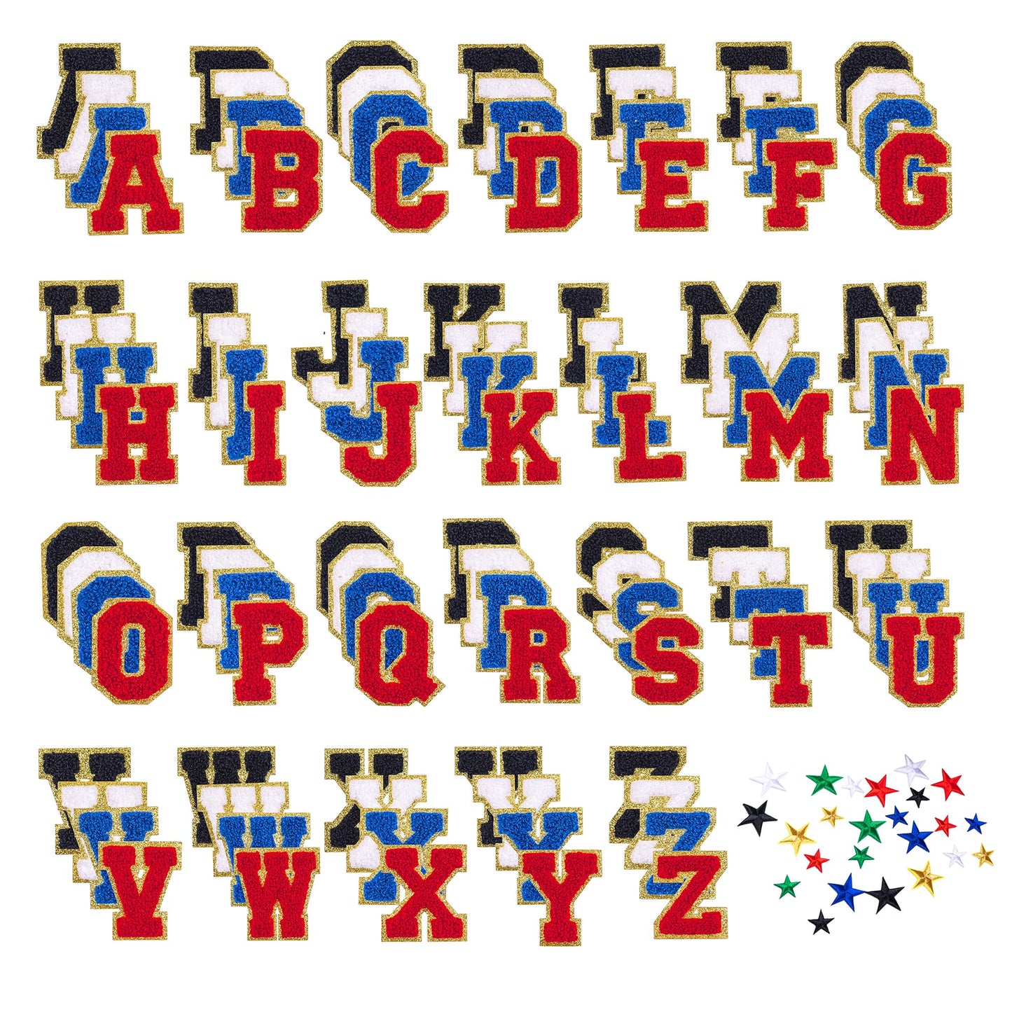 128 Pcs Varsity Letter Patches Kit - 104 Self-Adhesive Chenille Letters & 24 Iron-On Stars, Peel & Stick Fabric Patches for Clothes, Backpacks, Hats (2.17", Red, Black, Blue, White & Gold Stars)