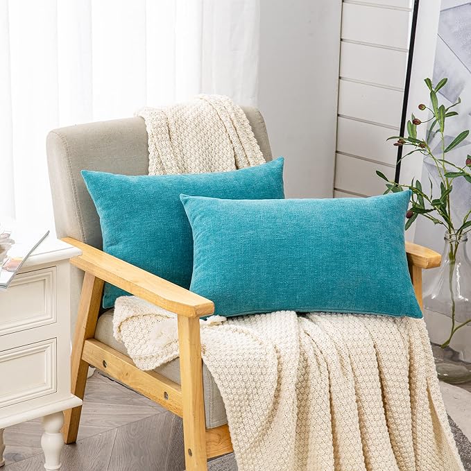 GAWAMAY Decorative Rectangle Throw Pillow Covers 12"x20" Inch Set of 2, Soft Chenille Lumbar Support Pillow Fall Pillowcase for Living Room Bedroom Sofa Couch Cushion Cover Teal 30x50cm (NO Inserts)