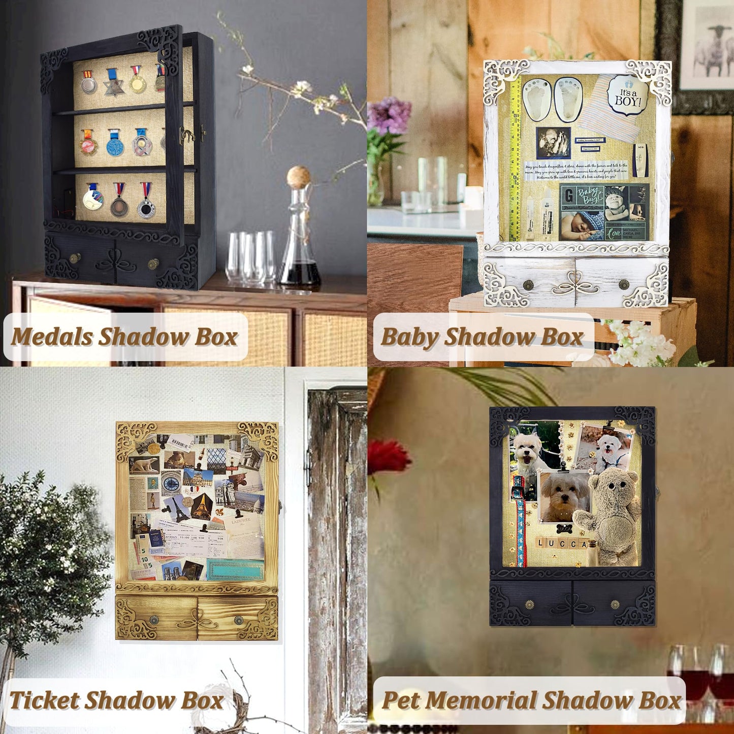 KWYADLUO 11x16 Shadow Box Frame with Light, Memorial Display Case with Shelves, Drawer and Slot for Keepsakes, Deep Memorial Shadow Box for Pet Memorial, Dog Keepsakes and Flowers, Black