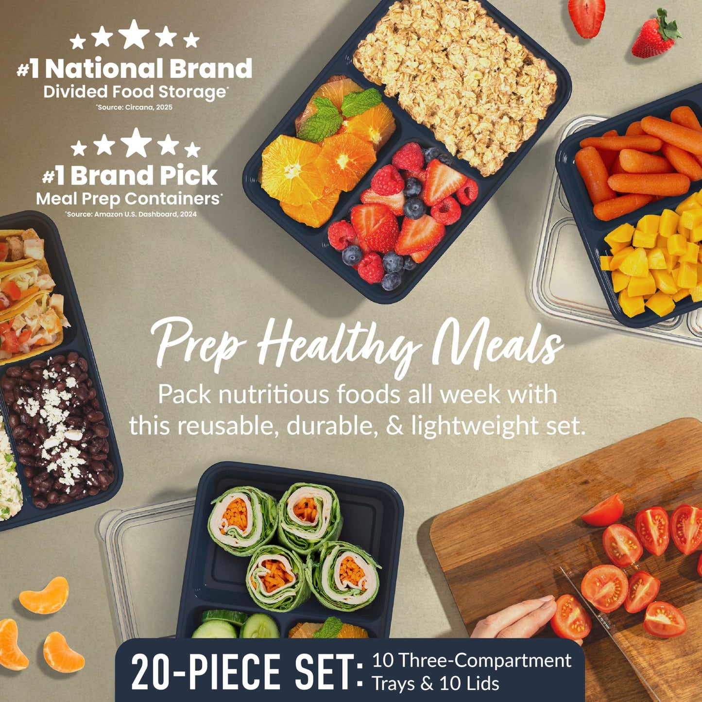 Bentgo Prep - 20-Piece 3-Compartment Reusable Meal Prep Containers with Lids, PFAS & BPA Free Materials, Durable, Microwave, Freezer, & Dishwasher Safe To Go Food Storage (Navy Blue)