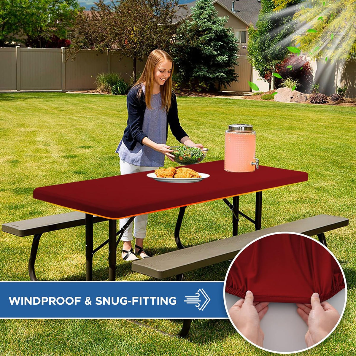 Fitted Tablecloth for 6 Foot Rectangle Tables-4 Pack Red Elastic Outdoor Picnic Table Cover-Spandex Stretch Folding Table Cloths 6 ft for Camping Dining Room Patio Kitchen Banquet Party