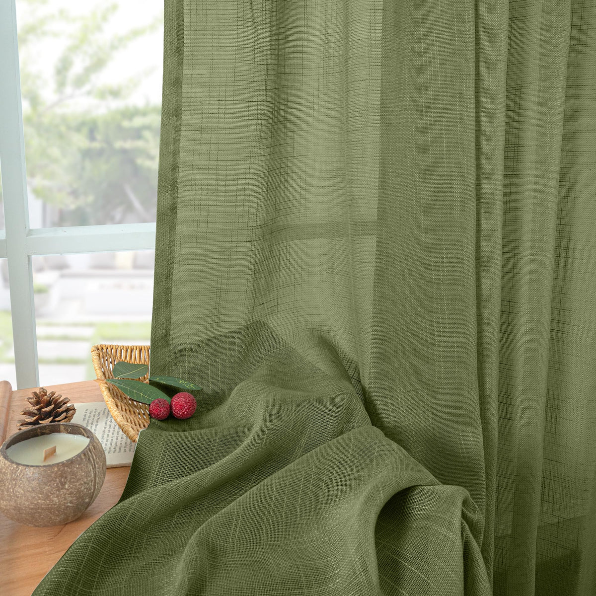 Olive Green Linen Semi Sheer Curtains 72 Inch Length (2 Count)