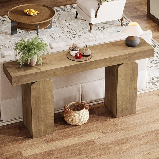 Tribesigns 63" Long Entryway Table, Farmhouse Console Table with 2 Arched Pedestal Legs, Wooden Sofa Console Behind The Couch for Entrance, Hallway, Living Room (Natural)