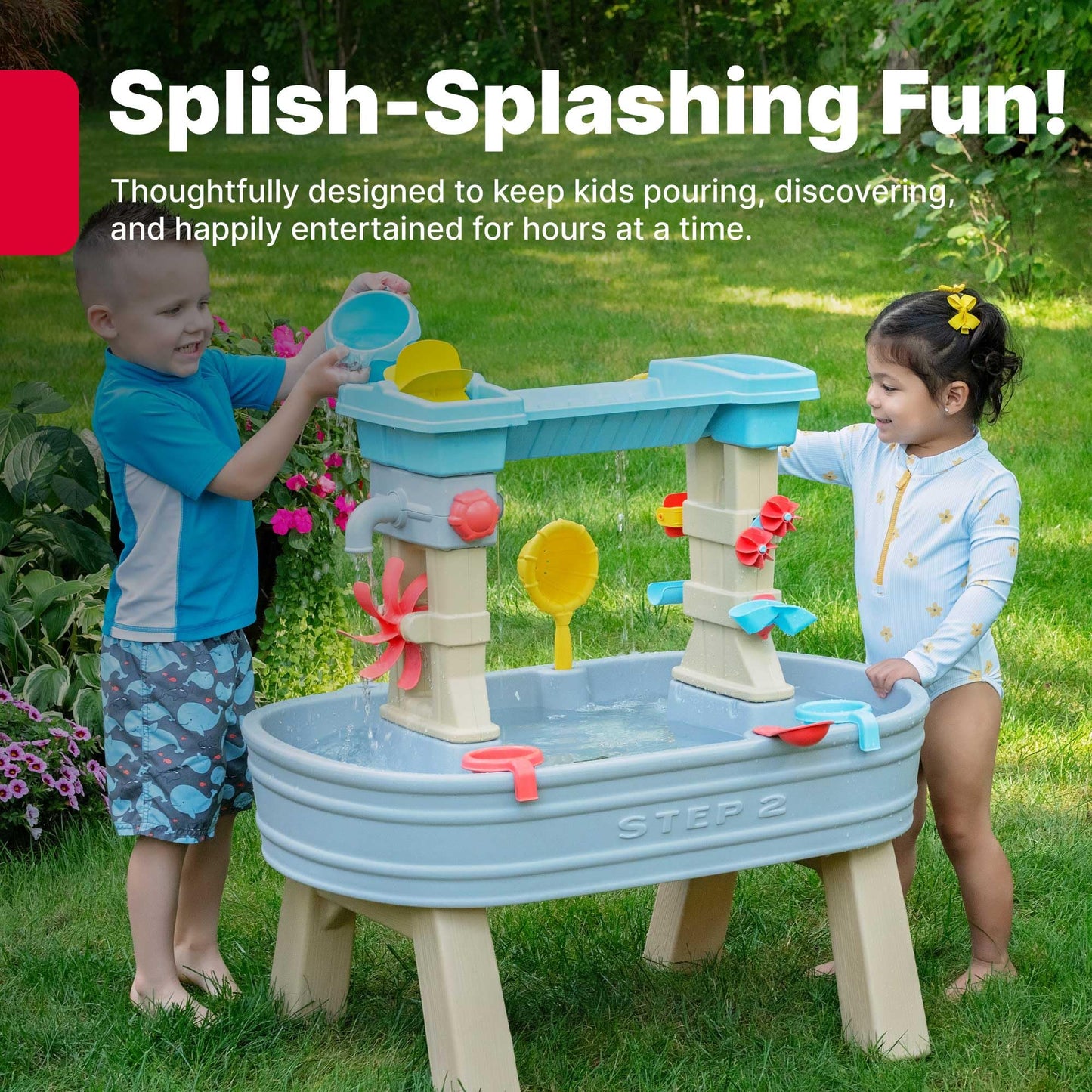 Step2 Rain Showers & Flow Kids Water Table, Outdoor Toddler Activity Table, 15-Piece Accessory Set, Ages 1.5+ Years Old, Multicolor (Gray, Blue, Red)