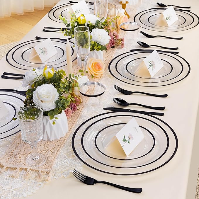 BESTSTAR 12 Inch Disposable Decor Charger Plates, 15 Pack Plastic Clear Plates with Gold Rim, Perfect Table Decor for Party, Wedding, Dinner