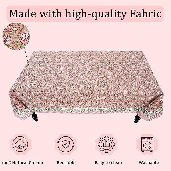 Ridhi Hand Block Print Strawberry Pink Rectangle Cotton Tablecloth 108" x 60" Reusable Table Cover Decorative Everyday Use for Dining, Farmhouse, Home Gift for Spring, Easter, Valentine