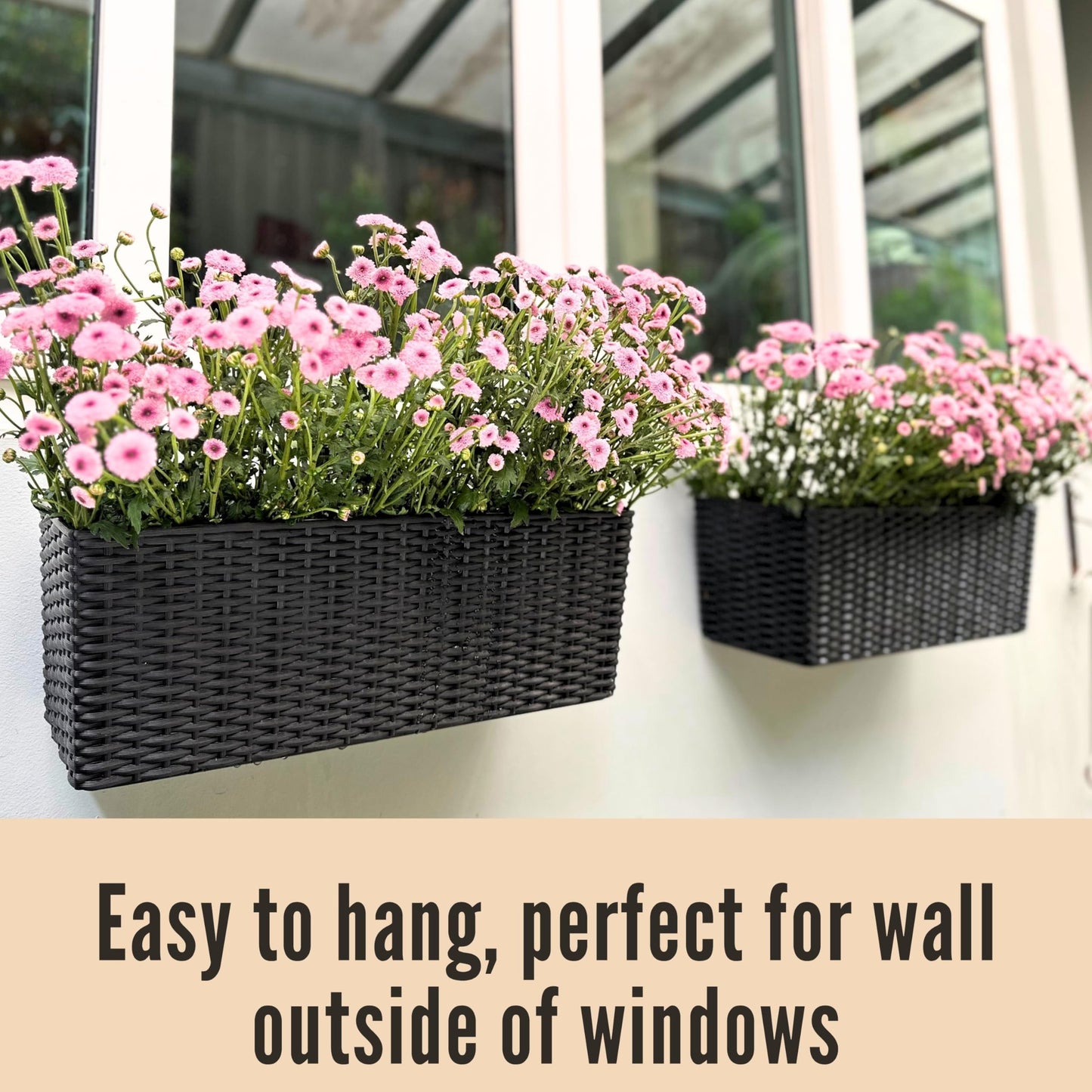 LaLaGreen Outdoor Wall Planters (20 Inch, 2 Pack) Wall Mounted Self Watering System Window Flower Boxes with Bracket, Black Rectangular Plant Pot Container Indoor Modern Garden Herb Kitchen Home Decor