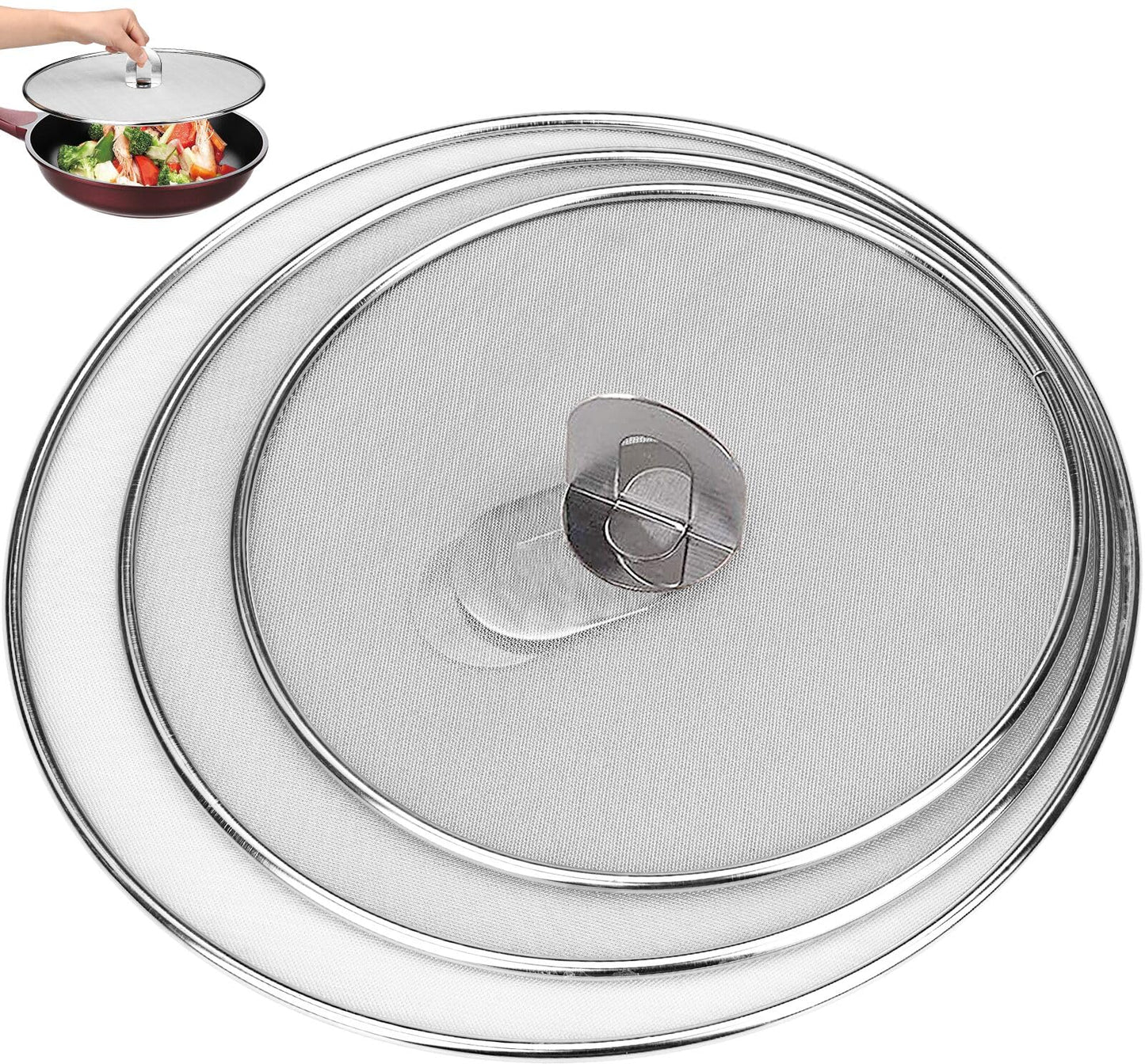 3 Pack Splatter Screen for Frying Pan 13" 11.5" 9.8" Stainless Steel Grease Splatter Guard Ultra Fine Mesh Lids with Fold Flat Knob Set for Prevent Oil Splatter