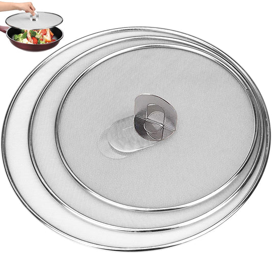 3 Pack Splatter Screen for Frying Pan 13" 11.5" 9.8" Stainless Steel Grease Splatter Guard Ultra Fine Mesh Lids with Fold Flat Knob Set for Prevent Oil Splatter
