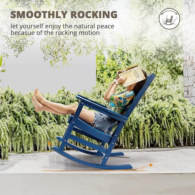 LUE BONA Rocking Chair Outdoor, Weather Resistant Poly Plastic Rocker Chairs, 350lb Heavy Duty, Oversized Porch for Adult, High Back Smooth Chairs Outdoor & Indoor, Blue