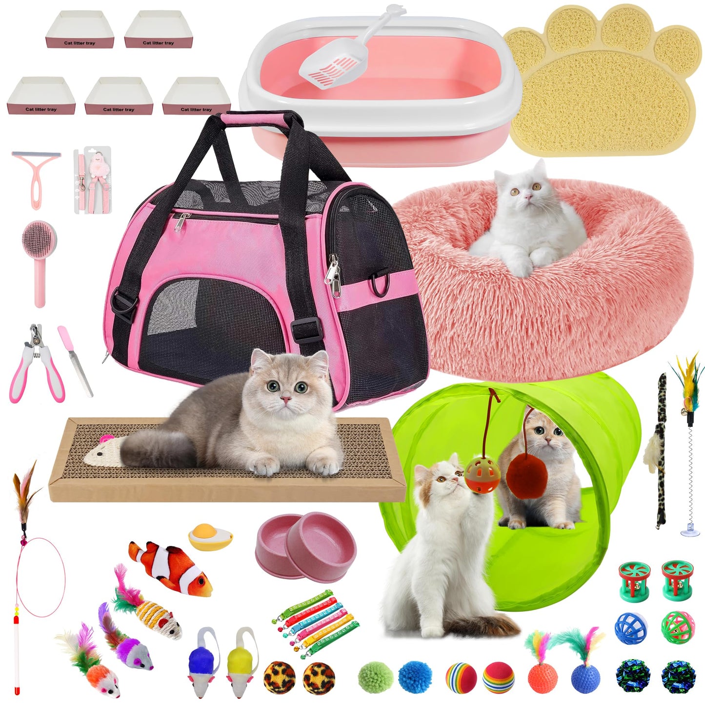 BERXOL 47PCS Kitten Essentials Starter Kit, Ideal for Cats Under 6 Months, Featuring 21-Piece Toy Set, Bed, Carrier, Litter Box, Bowls & More, for New Cat Owners - Pink