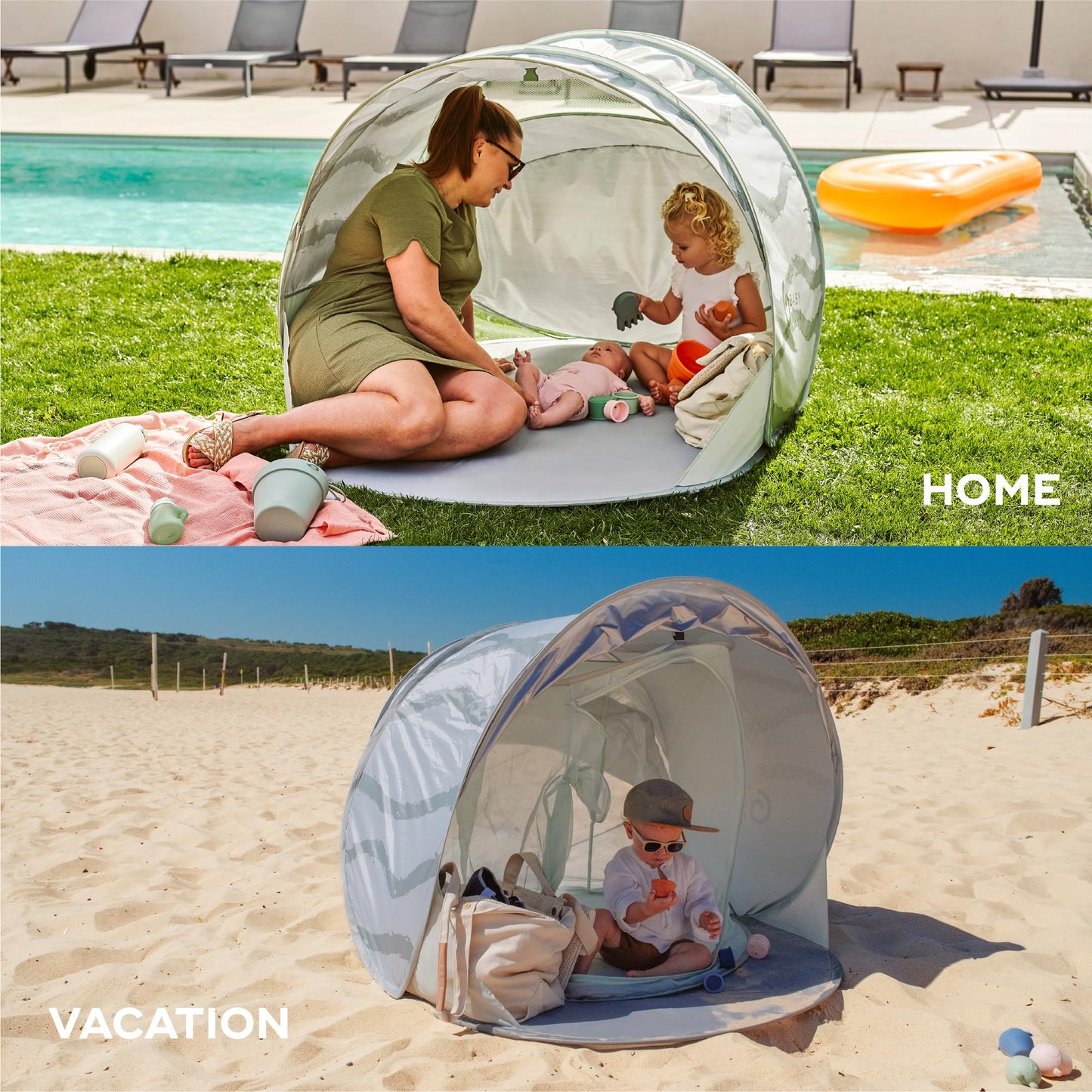 Babymoov Moov & Protect Anti-UV Cooling Beach Tent for Babies with Integrated Mosquito Net, Portable, Green Lagoon (Summer 2025 Edition)