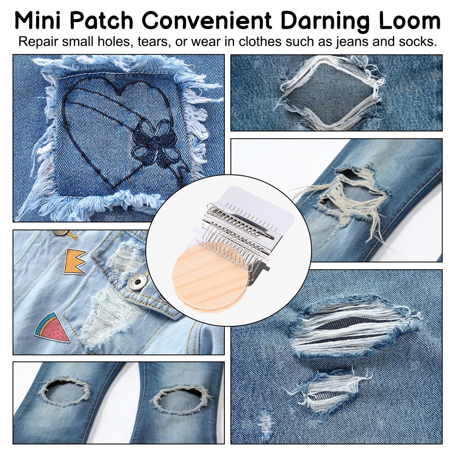 PatchMaker 2.0 Kit, Mini Portable Darning Loom for Beginners, Knitpatch Kit for Holes Repair on Socks, Clothes & Jeans, Sewing Repair Weaving Tool Set, Craft Supplies (14 Hooks)