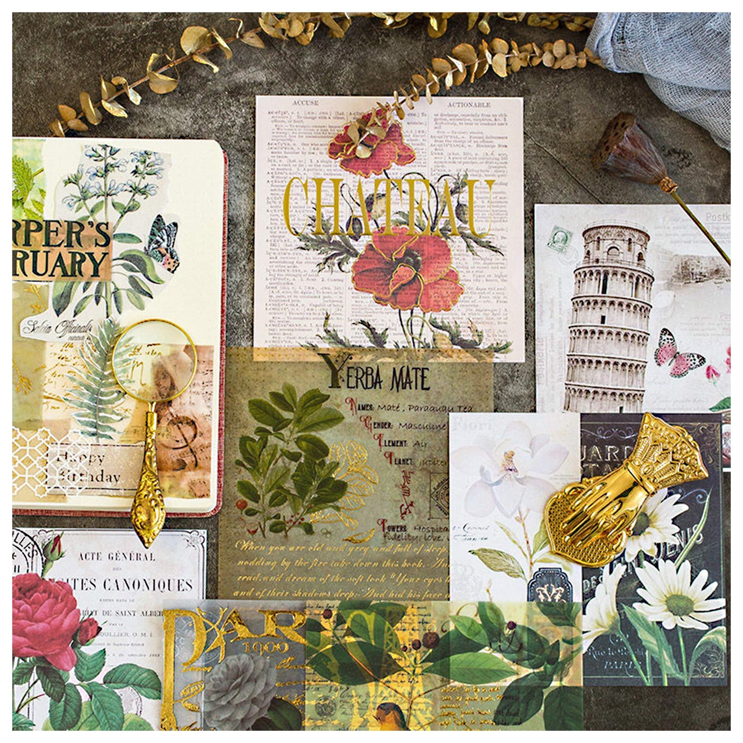 CATaireen Junk Journal Card Making Supplies Kit Scrapbooking Embellishments Collage Decoupage Art Craft for Adults Large DIY TN Travel Notebook Vintage Gold Washi Paper Ephemera Pack 120pcs