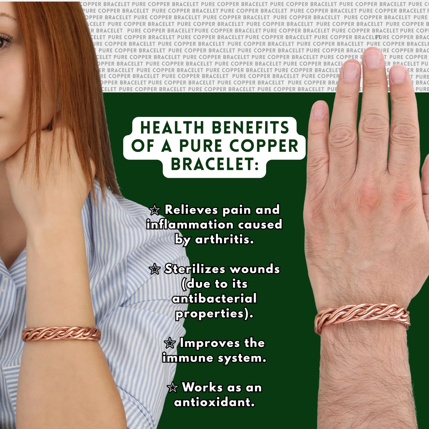 tunarts Handmade Elegant Copper Bracelet for Women and Men-Pure Copper Bracelet for Pain Relief-Adjustable,Thickest,Twisted Copper Wire Bracelet (red folded-small)