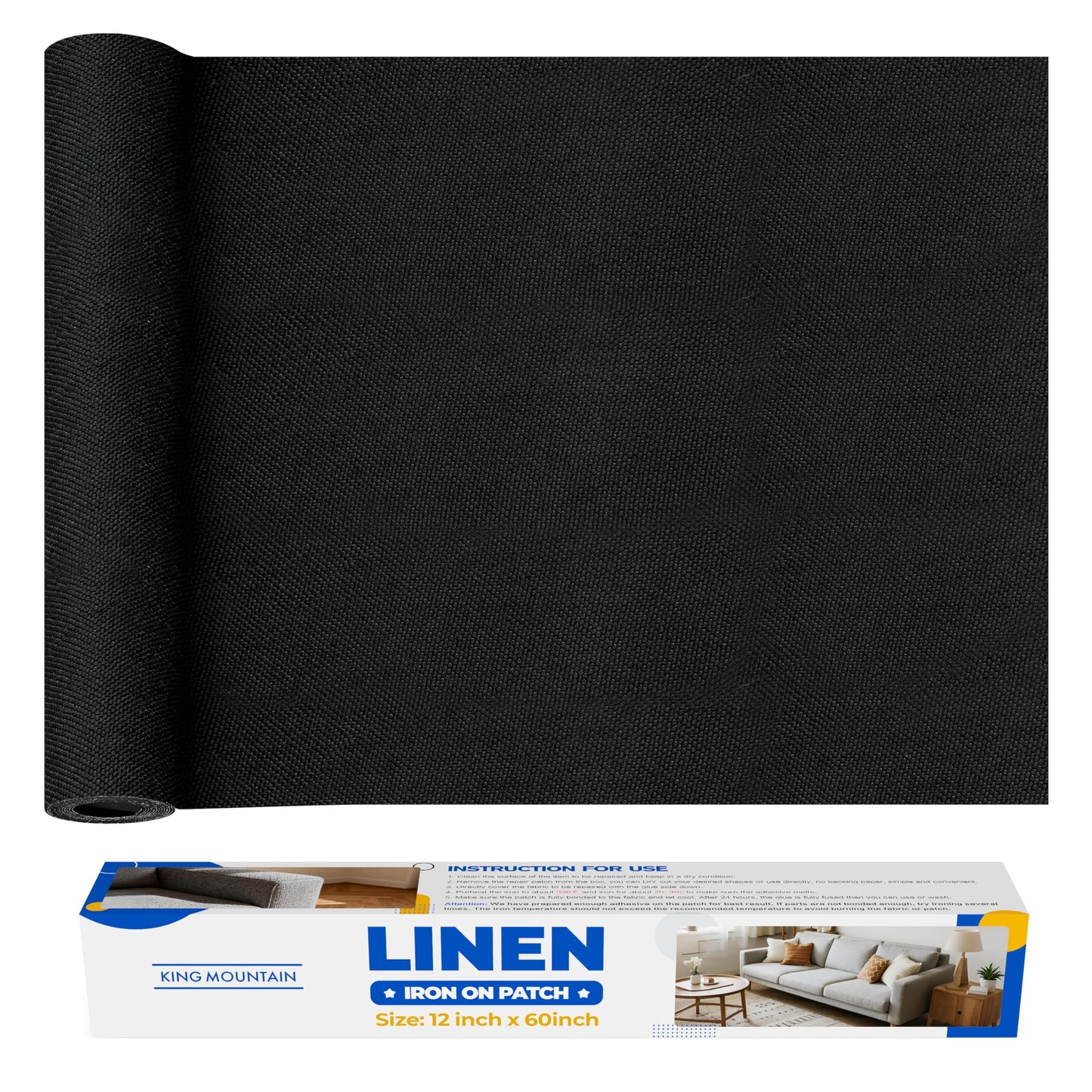 KING MOUNTAIN Linen Iron on Patch,12"×60",Couch Fabric Repair Patch,Used for Various Sofa,Seats, Pillow (Black)