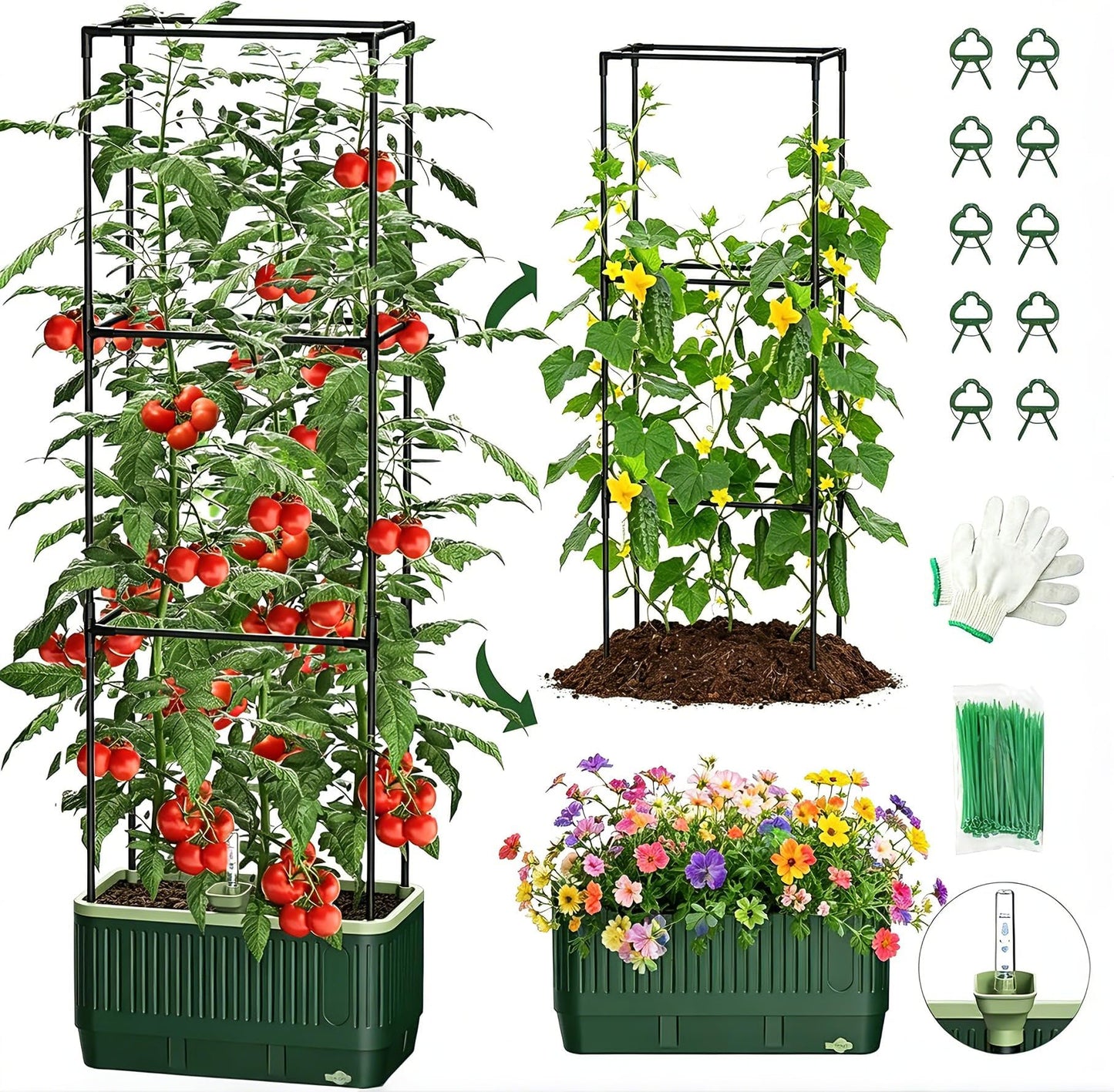 Tomato Planter with Trellis, Self Watering Planter Box with Trellis, Vertical Raised Garden Bed Planter for Climbing Vegetables Indoor Outdoor Patio