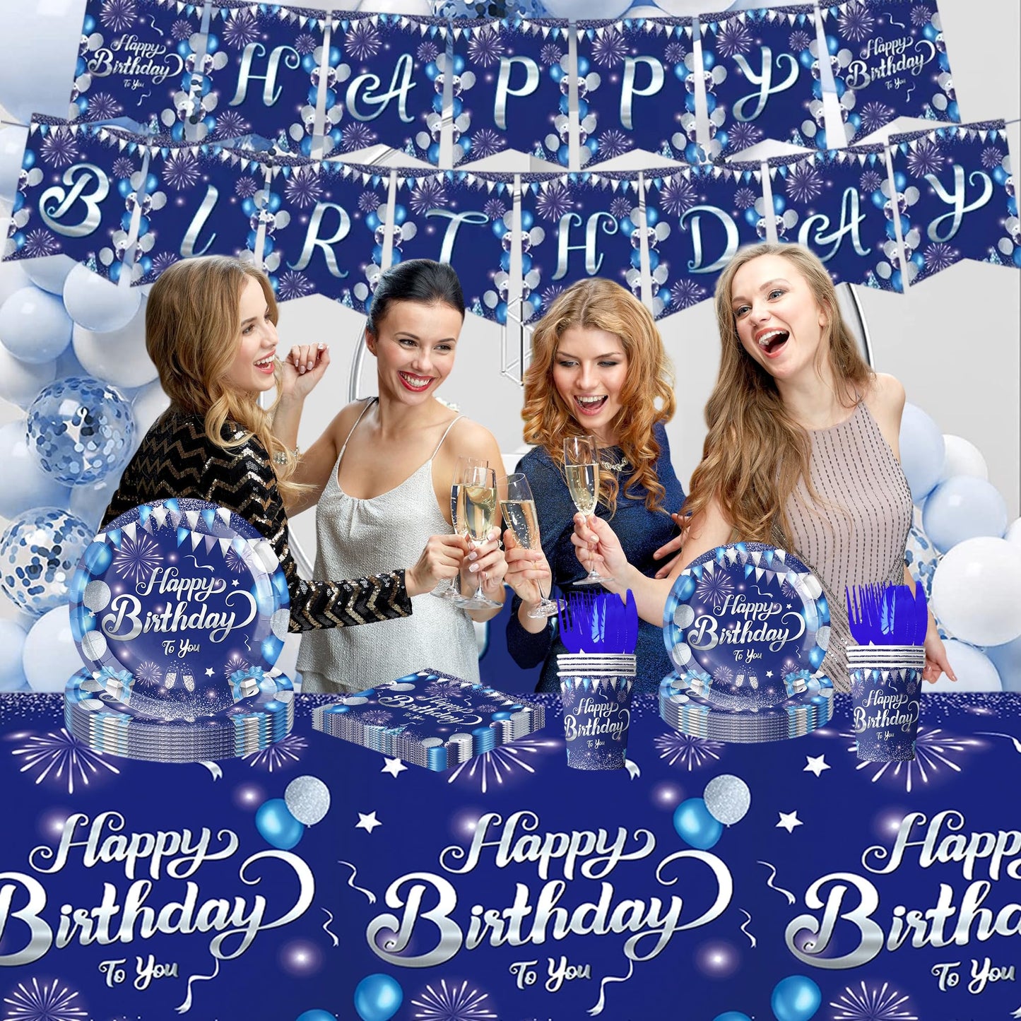 74 Pcs Blue Sliver Happy Birthday Party Supplies Disposable Tableware Set Included Plates, Cutlery, Cups, Napkins, Tablecloth, Banner, Backdrop - Serves 10