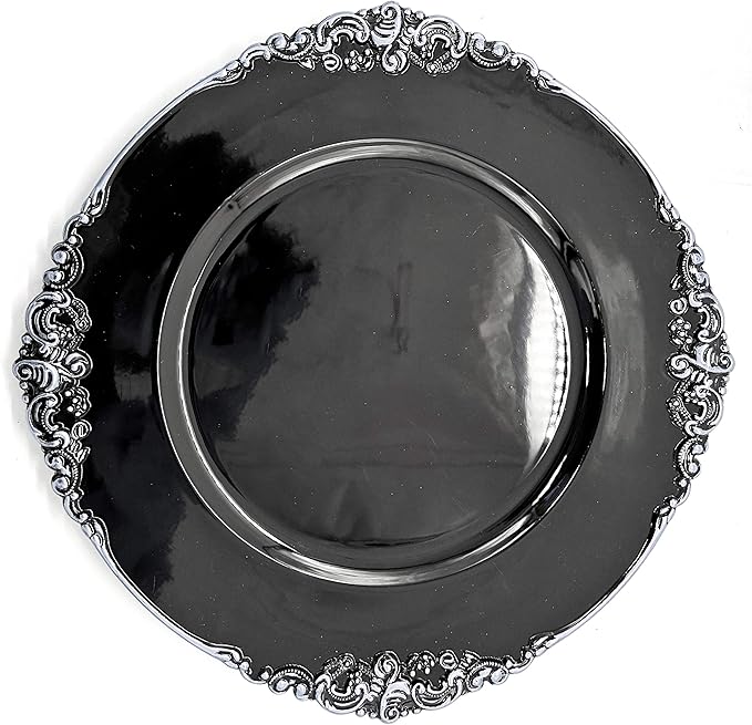 allgala 13-Inch 6-Pack Heavy Quality Round Charger Plates-Floral Black Silver Trim-HD80349