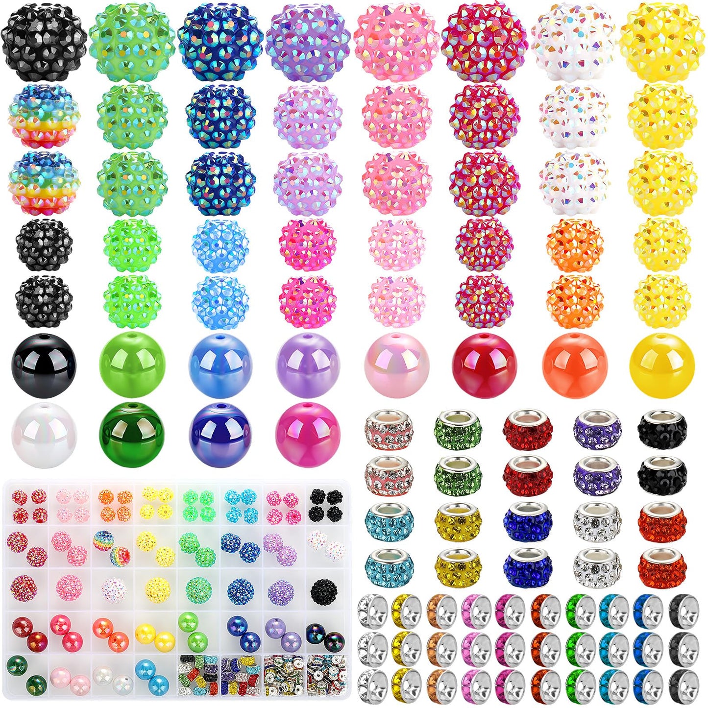 Funtopia Beads for Pens Keychains, 200pcs Bubblegum Focal Beads for Beadable Pens, 12mm 16mm 20mm Rainbow Acrylic Chunky Beads with Rhinestone Rondelle Spacer Bead for DIY Craft Making Supplies