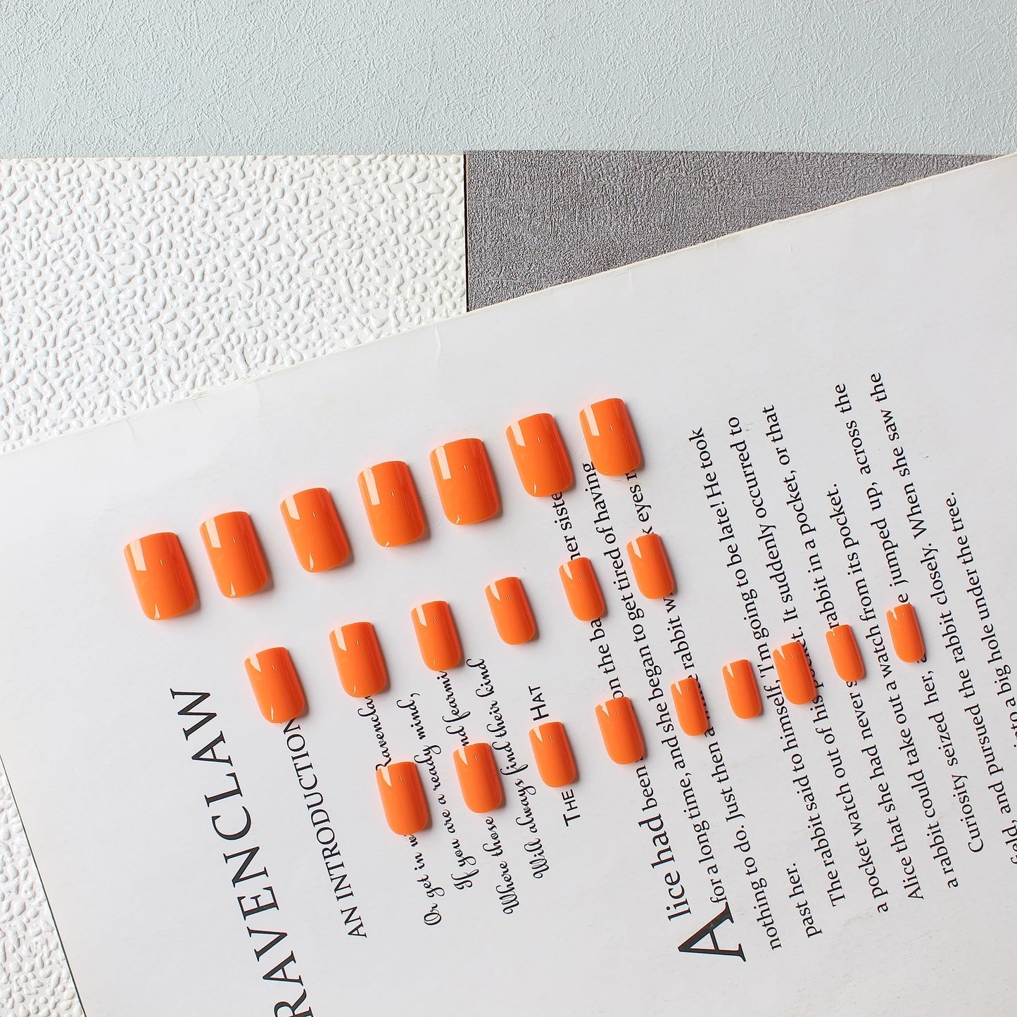 KQueenest Orange Press-on Nails, Short Medium Square, Coffin Acrylic Set of 24 Pcs