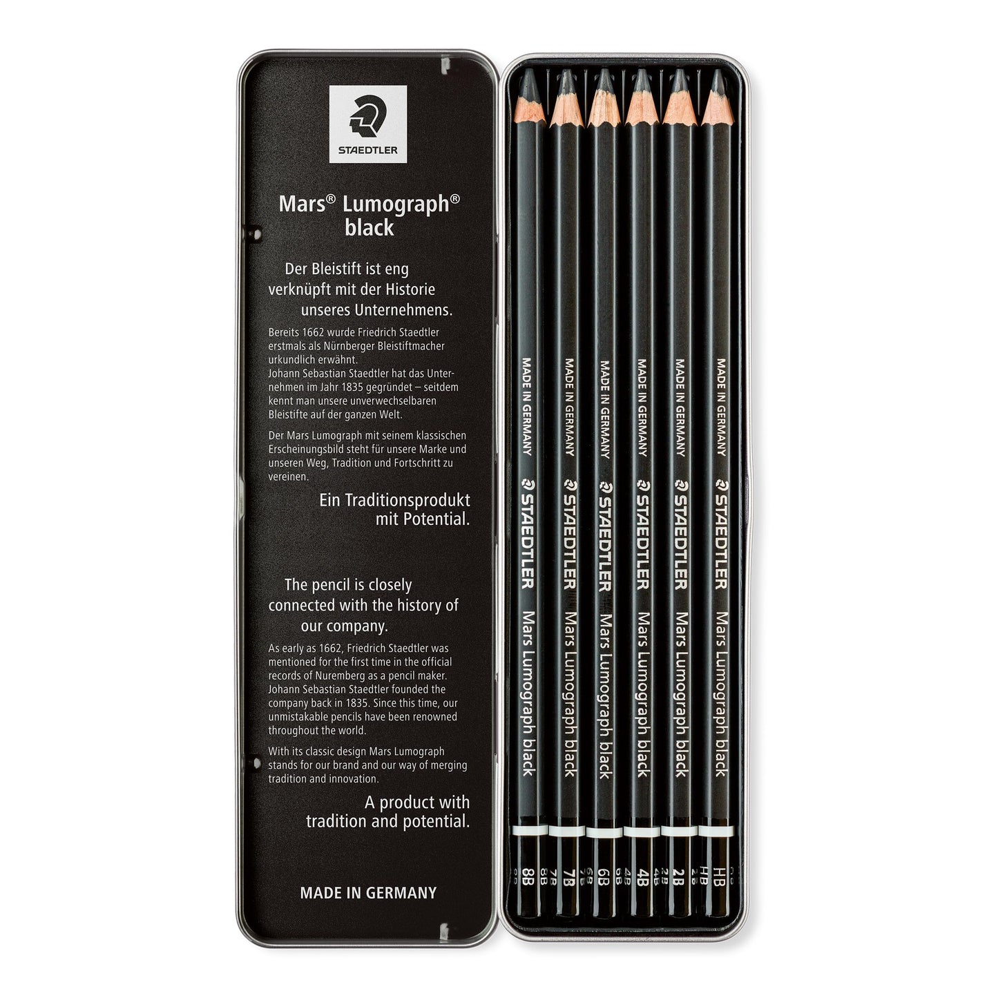STAEDTLER Mars Lumograph Black Drawing Pencils Set: 6 Pack – Carbon Blend for Deep Black Tones, Professional Artists Pencils, 8B–HB Grades, Storage Tin, For Sketching, Shading & Fine Art Drawing