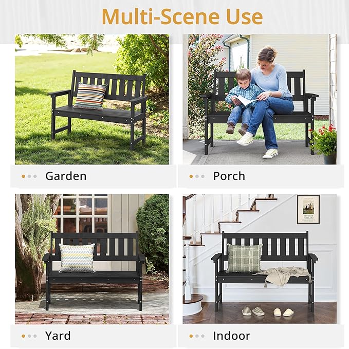 LUE BONA Outdoor Bench, 2-Person HDPS Garden Bench, Outdoor Benches Weatherproof, All-Weather Fade/Rot Resistant Patio Bench for Park, Front Porch, Backyard (Black)
