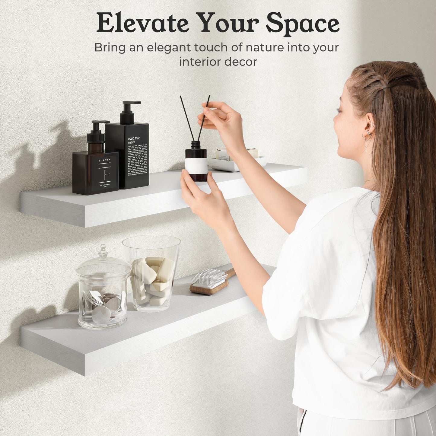 Ornawit White Floating Shelves for Wall, 9.3" Deep Wall Mounted Wood Shelves for Bathroom, Bedroom, Living Room, Kitchen, Hanging Shelf for Books/Storage/Room Decor (White, 24")